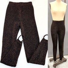 Vintage True 80s Stirrup Slim Pants Shiny Knit Bronze Metallic Black Pants Med
