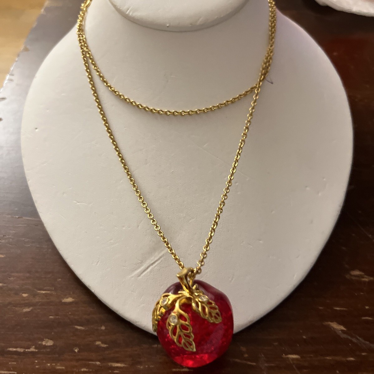 Avon Lucite Candy Red Apple Necklace With Rhinestones 32” Goldtone