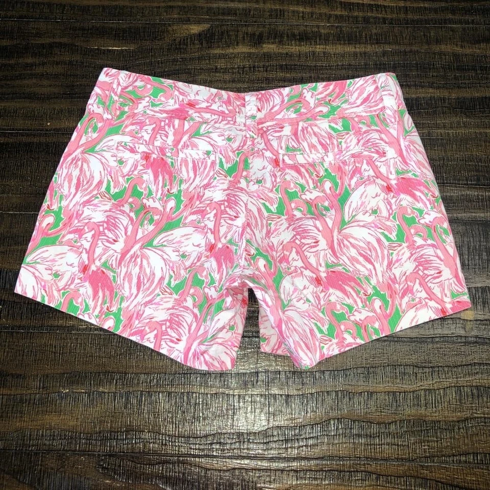 Shorts de praia Lilly Pulitzer tamanho 00 The Callahan rosa flamingo colônia listra lateral - Imagem 2 de 4