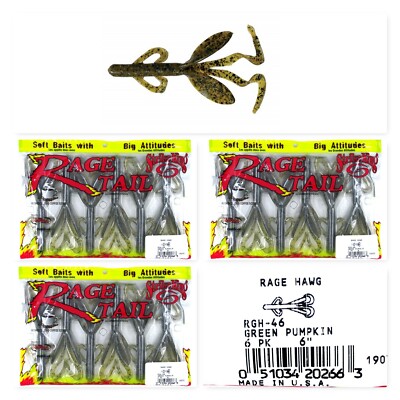 (3) Bags Strike King Plastic Rage Tail 6'' Rage Hawg Green Pumpkin RGH-46 New