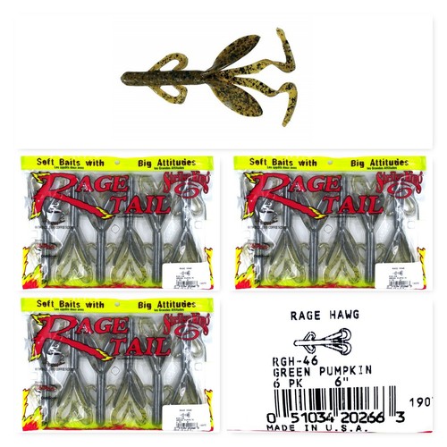 (3) Beutel Strike King Kunststoff Rage Tail 6" Rage Hawg grün Kürbis RGH-46 neu