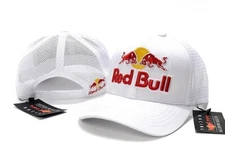 Red Bull Logo Embroidery Men's Outdoor Trucker Hat Mesh Baseball Cap Hat White
