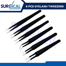 6 Pcs Eyelash Extension Tweezers Set Stainless Steel Anti-Static Black German Gr