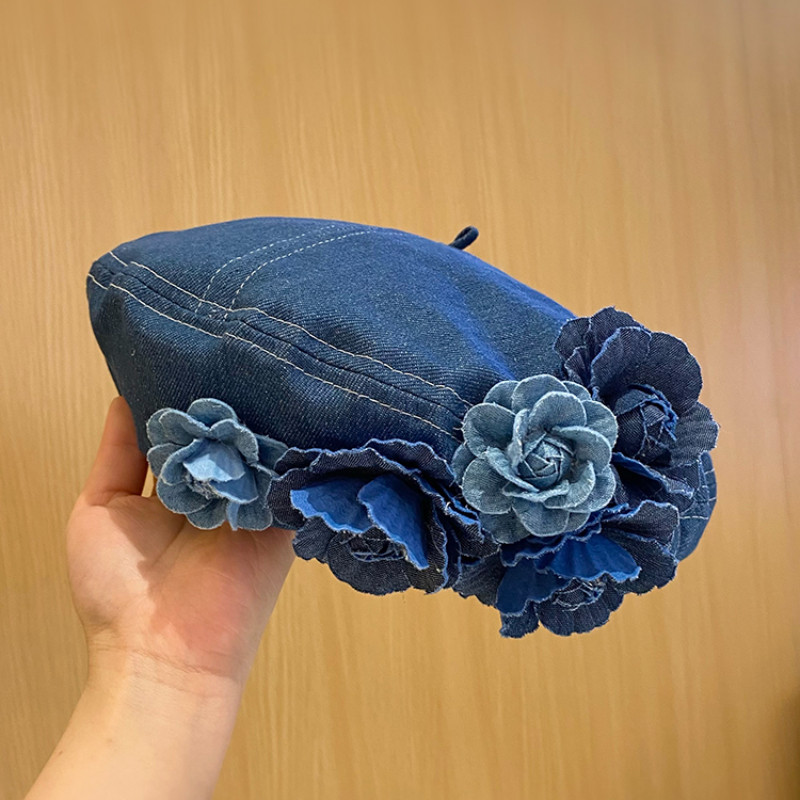 Lady French Beanie Hat Beret Cap Artist Flower Casual Denim  display picture 2