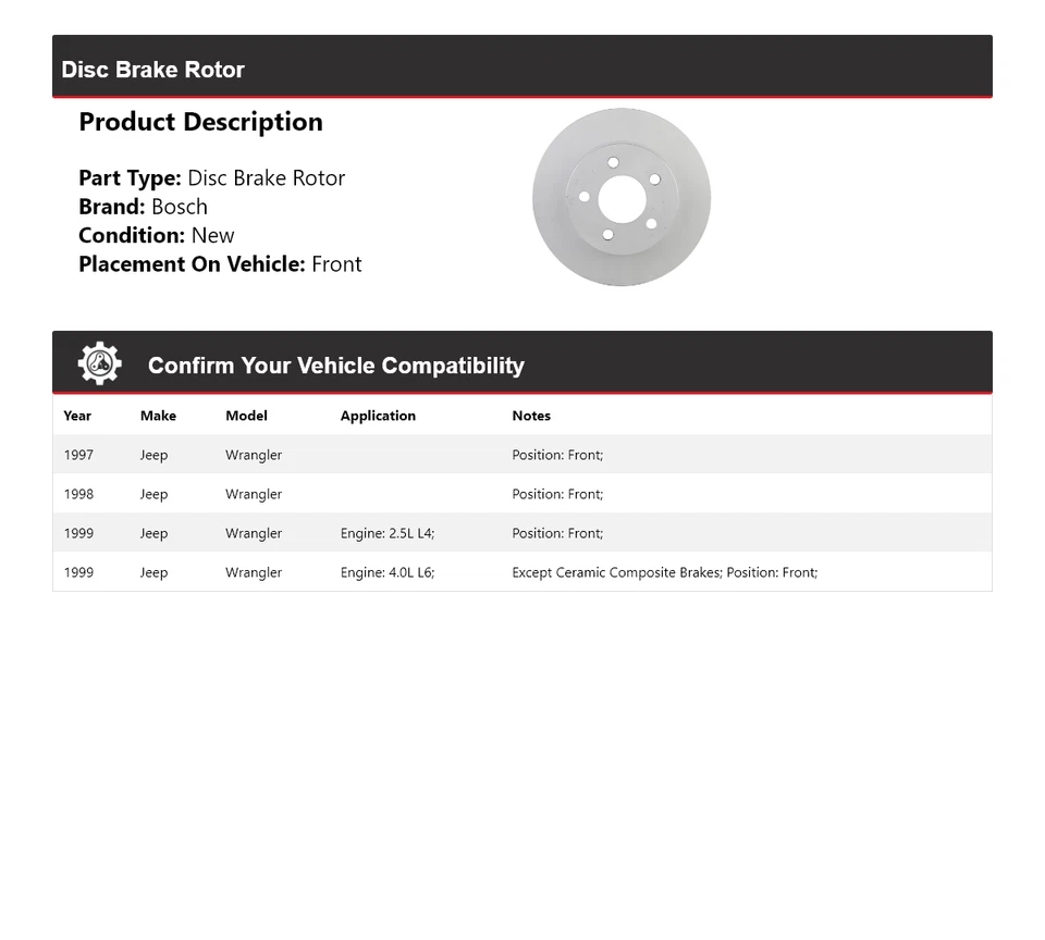 Для 1997-1999 Jeep Wrangler Bosch тихий литой дисковый тормоз ротор передний 1998 - Изображение 2 из 4