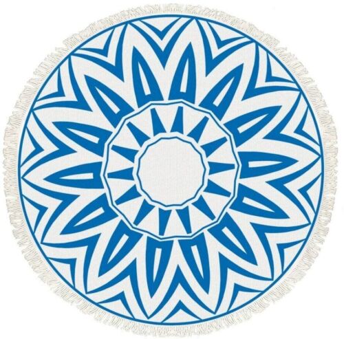Beach Yoga Round Indian Mandala Towel,Matt,Throw w/ Outer Fringes White/Blue - Picture 2 of 2