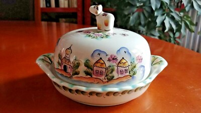 Russian Pottery Covered Cheese Butter Dish H/P Houses Flowers W/Cow Finial