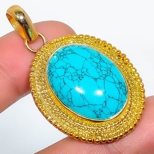 Authentic Santa Rosa Turquoise Gemstone 925 Silver Gold Plated Pendant 1.95" P622-482