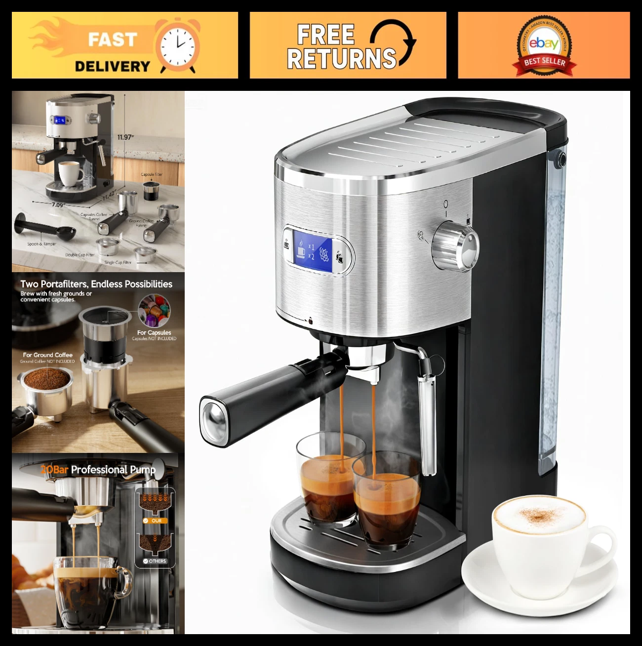 20 Bar Semi-Automatic Espresso Machine, Coffee Maker with Milk Frother & 45OZ Ta