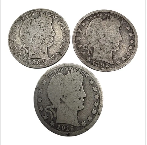 3 - Barber Silver Quarters 1892 (x2) & 1916 – 90% Silver – 3 Coin Lot