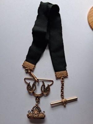 Antique Vintage Victorian Mourning Ribbon Watch Fob, Gold Filled Pendant & T-Bar