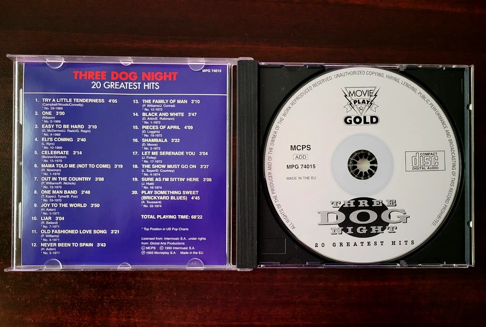 Three Dog Night - 20 Greatest Hits - Pop-Rock Soft-Rock Europe Made Excellent CD Foto 3 de 4