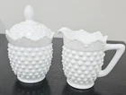 Vintage Fenton Hobnail White Milk Glass Creamer and Sugar with Lid 3 Piece Set