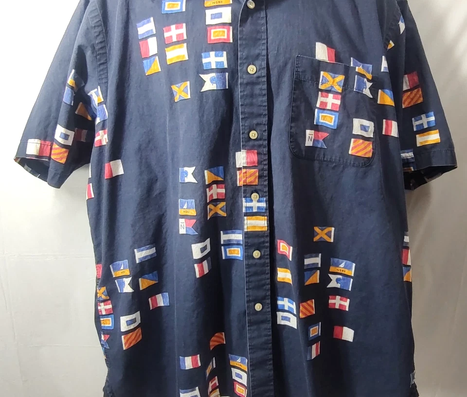 Camisa Banderas de Vela Náutica Nautica XL Azul Abotonada Mangas Cortas Barco Foto 3 de 4