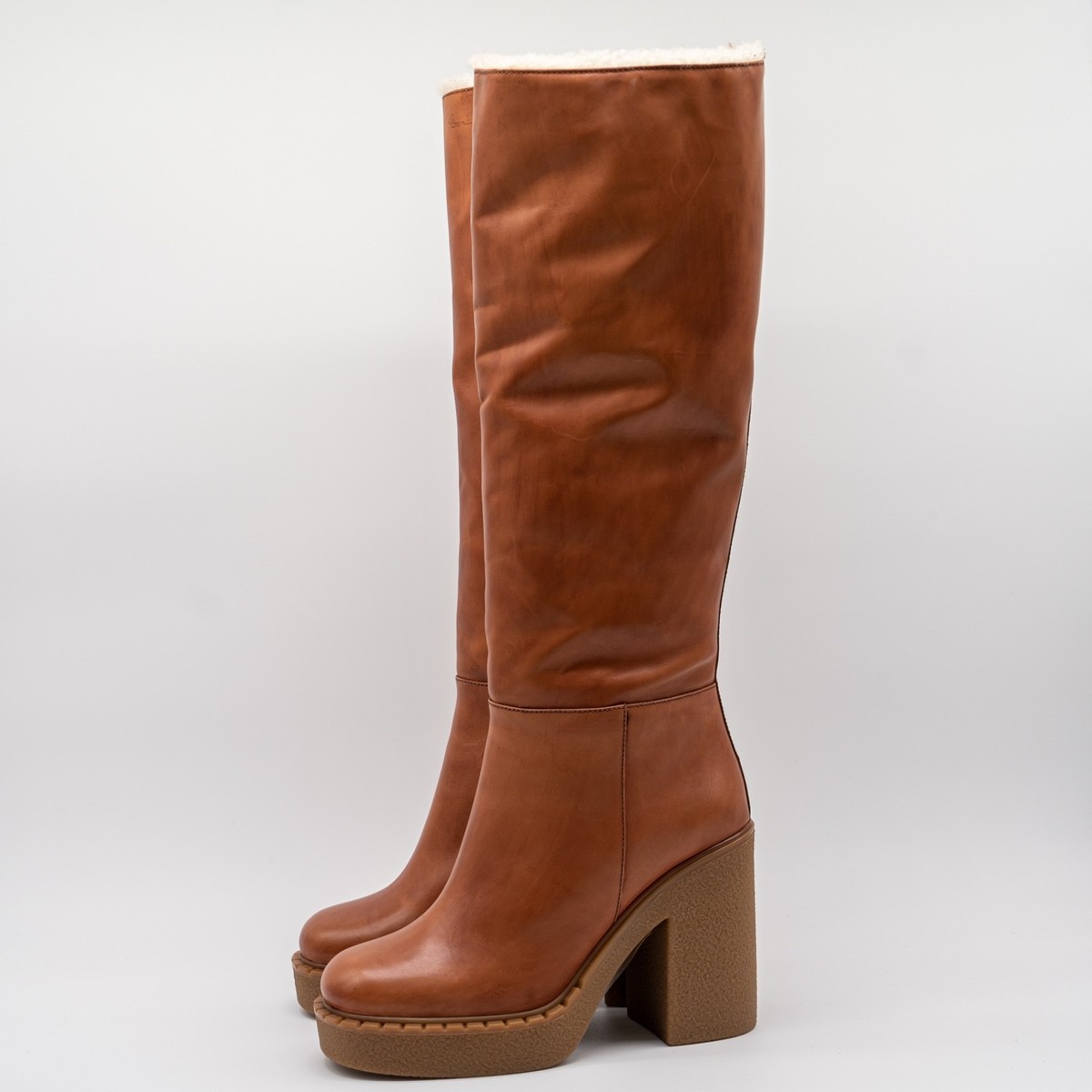 size 40eu 10 US Prada Cognac Shearling Fur Block Heel Tall Boots