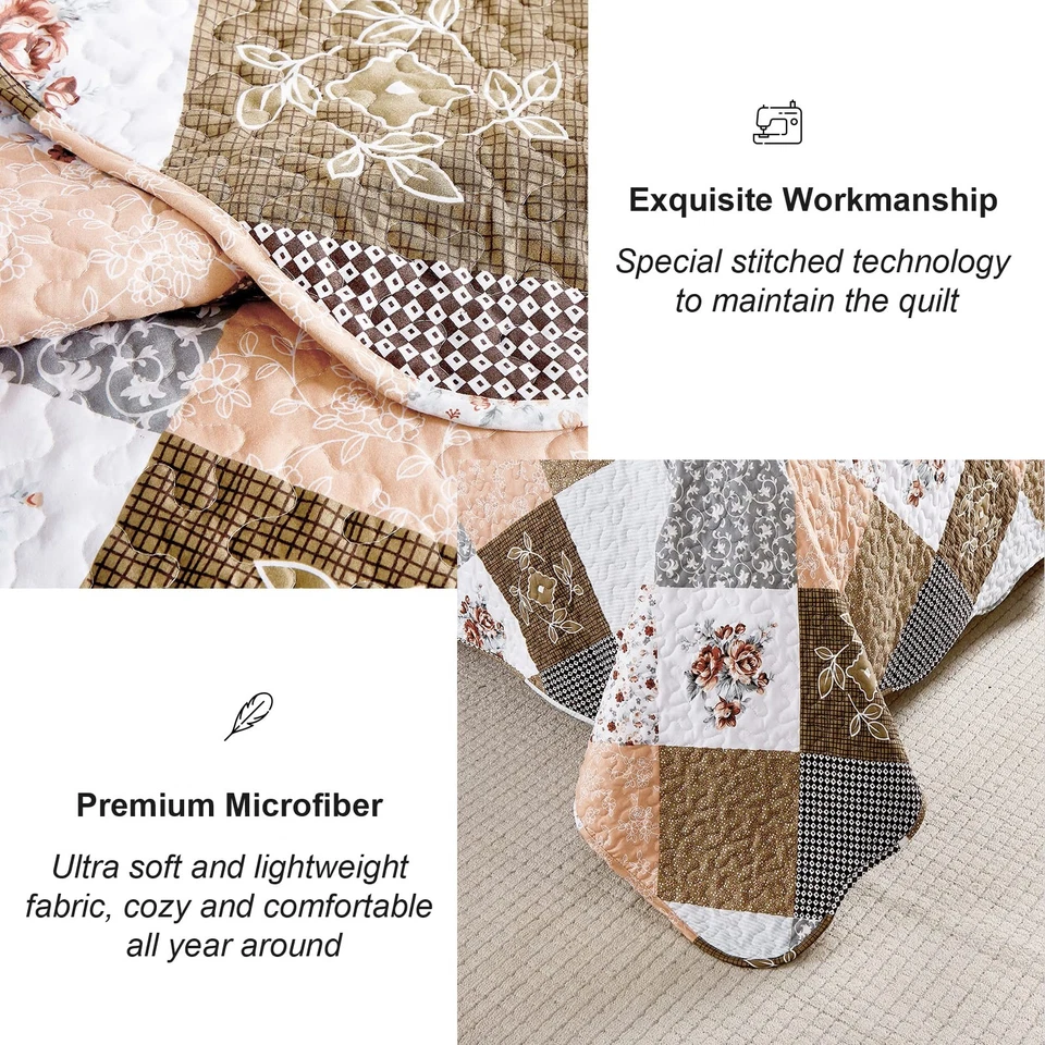 Floral Plaid Patchwork Quilt Set California King Size, Reversible Brown Beddi... - Image 4 of 4