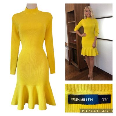 KAREN MILLEN gelbes Strickkleid - Größe S UK8 US4 Stretch Schößchen gerippt ASO Holly