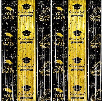 Thicken Black and Gold Graduation Tinsel Backdrop, 2 Pack 3.3 X 6.6 FT, Foil Fri