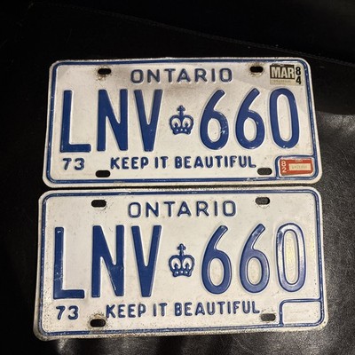 ONTARIO LICENSE Plates Pair 1973 Embossed Yours To Discover 1982 1984 Sticker