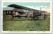 POSTCARD US Army Aviators Inspecting Aeroplane Bi-Plane Military Pilots
