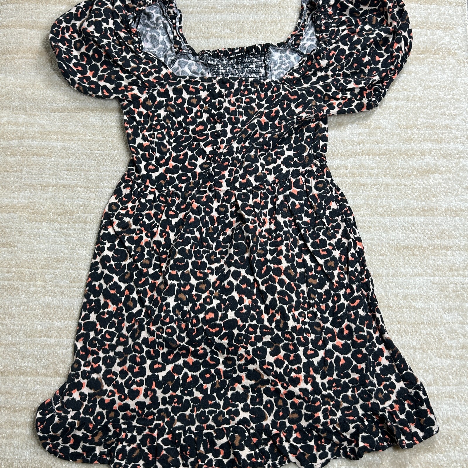 Who What Wear Dress Women M Black Linen Leopard Print Puff Sleeve Smocked Hem