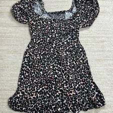 Who What Wear Dress Women M Black Linen Leopard Print Puff Sleeve Smocked Hem