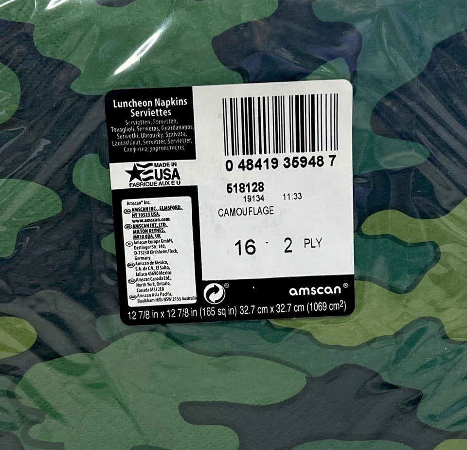 Servilletas Camufladas Fiesta Almuerzo Talla 16 Ct Cumpleaños Todas las Ocasiones 6.5" Ejército Militar  Foto 2 de 2