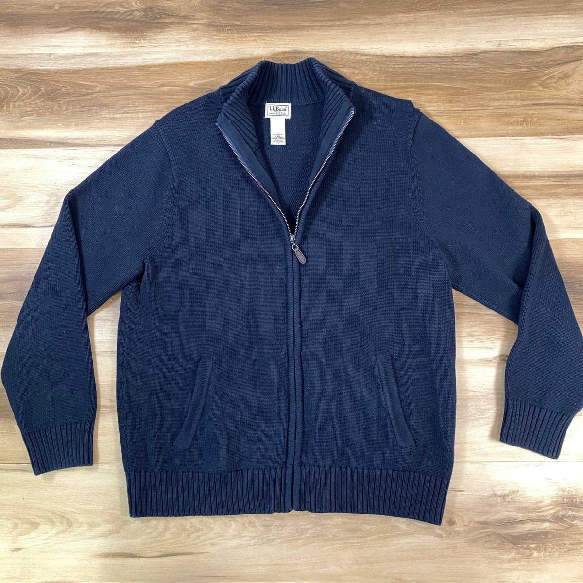 LL Bean Full Zip Sweater Mens L Navy Blue Cotton Mock Neck 