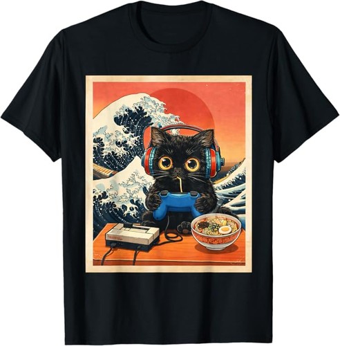 Gamer Cat Ramen Japanese Funny Graphic Tees Kawaii Cat Anime T-Shirt Size S-4XL - Picture 1 of 6