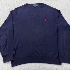 Polo Ralph Lauren Mens XL Navy Blue Pima Cotton V-Neck Sweater Red Pony Logo