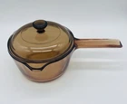 Vintage Corning Visions Amber Glass 1 Liter Saucepan Pour Spout Pyrex Lid USA