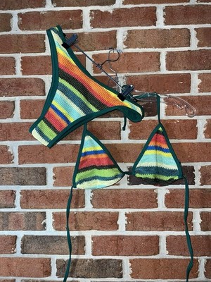 Women's Crochet Bikini Set - Tie Triangle Top - Multicolor Stripe - Size Medium