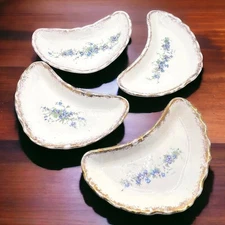 Antique Blue Floral Porcelain Crescent Dishes Set of 4 Sevres China Ohio 1900s