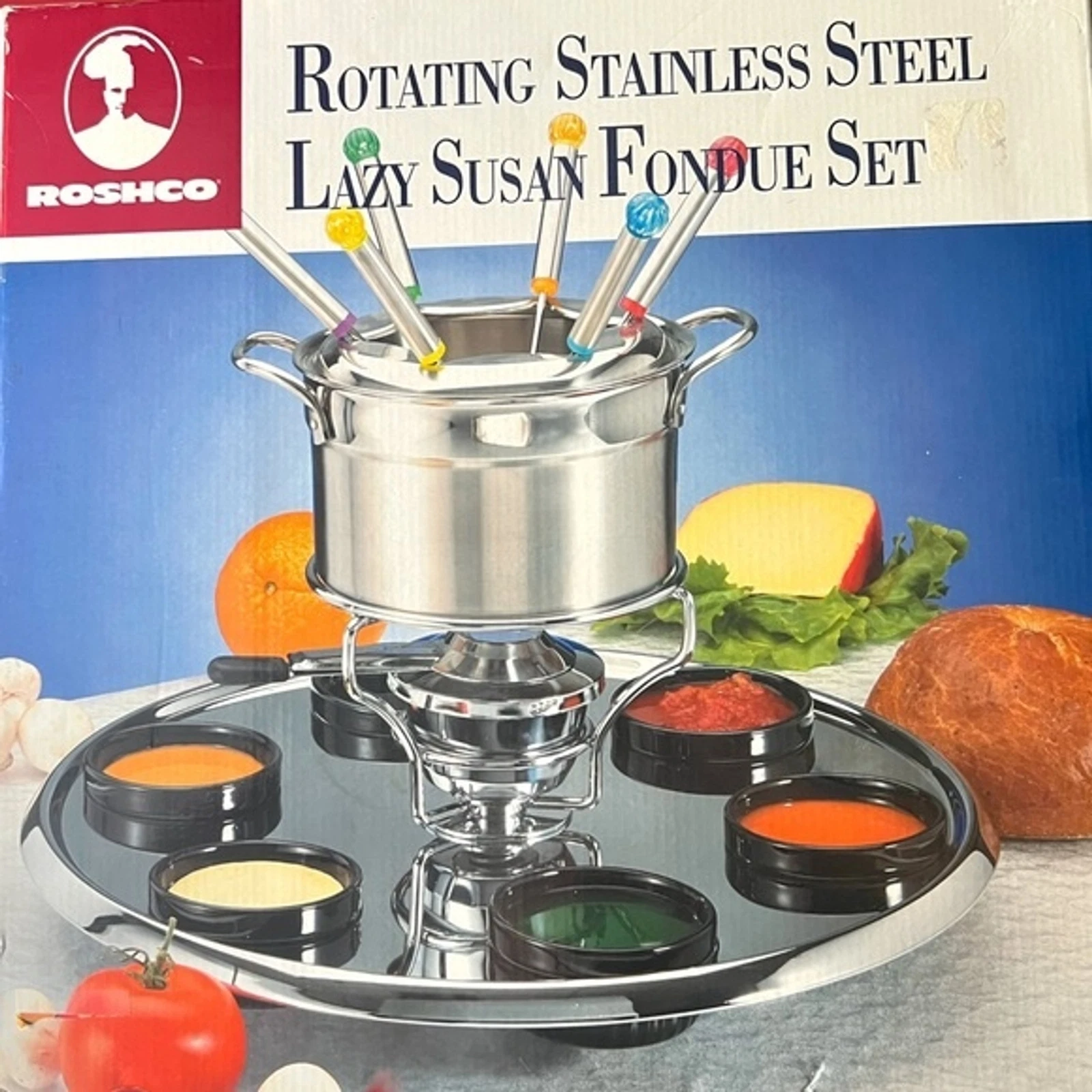Roshco Stainless Steel Lazy Susan Rotating Fondue Set Melting Pot Cheese Gift