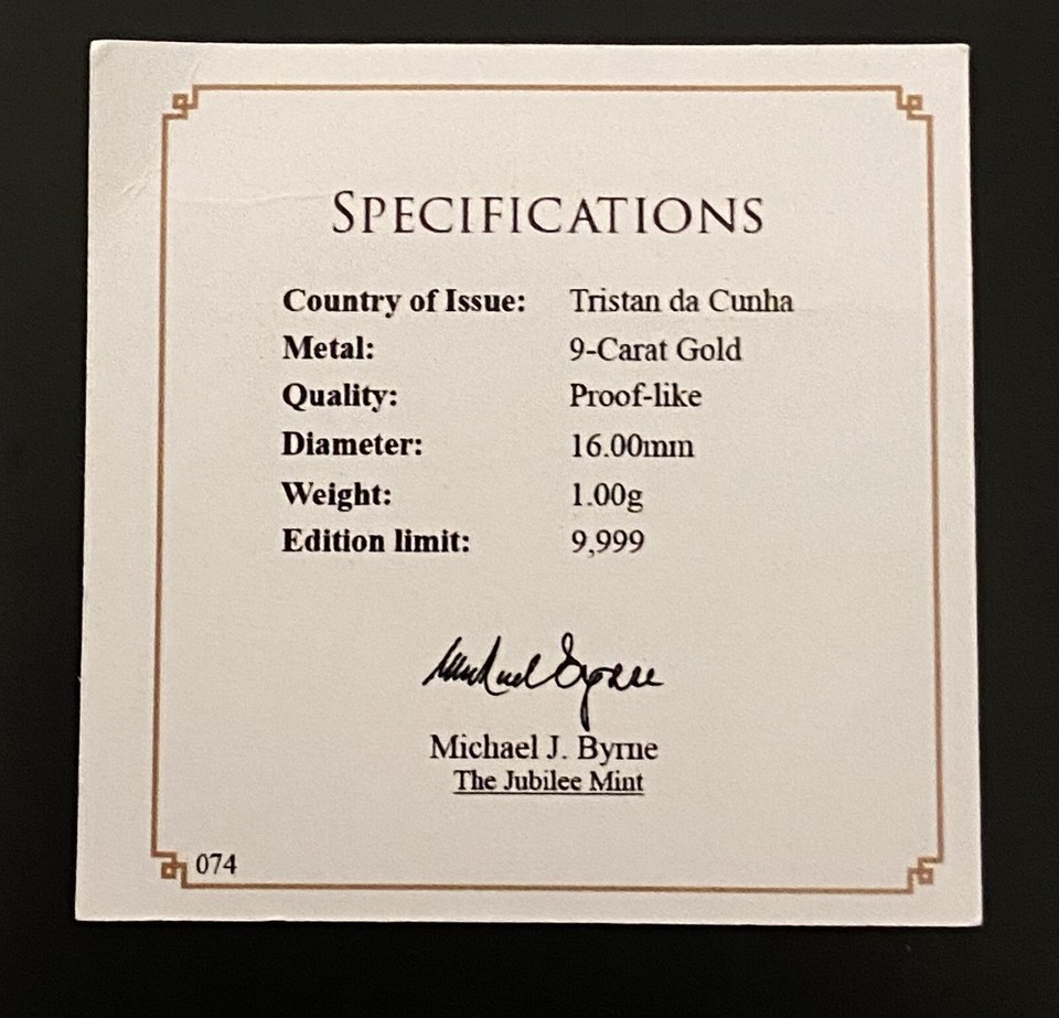 2013 One Gram 9ct Gold Proof like Coin. COA. Tristan Da Cunha.60 Aniv