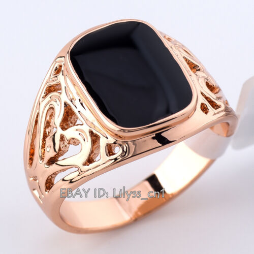 R074 Enamel Black Onyx Mens Ring Boys Signet Pattern Band Sizes N - Z - Picture 3 of 23