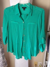 I.N. Studio Petite PXL Green Button Up Blouse Long Sleeve Silver Buttons