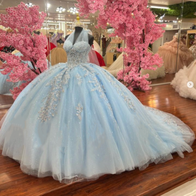 Princess Blue Quinceanera Dresses Halter Neck Sleeveless Glitter Ball Gowns | eBay Princess Blue Quinceanera Dresses Halter Neck Sleeveless Glitter Ball Gowns | eBay