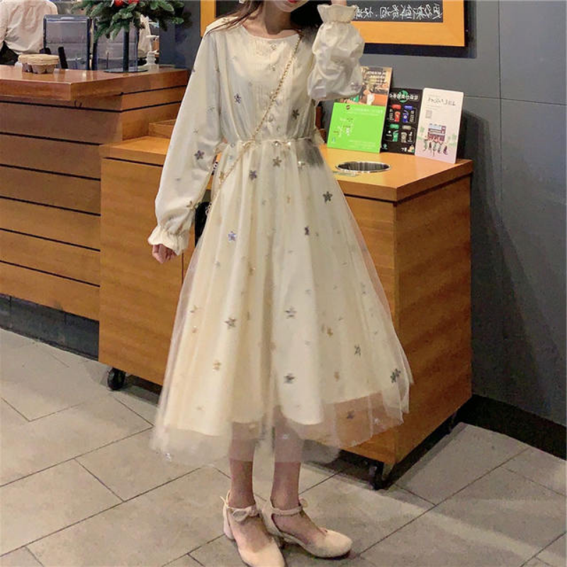 Women Glitter Star Mesh Midi Dress Ruffle Long Sleeve Elastic Waist Fit Flare | eBay Women Glitter Star Mesh Midi Dress Ruffle Long Sleeve Elastic Waist Fit Flare | eBay