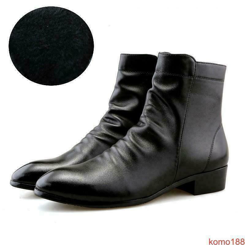 British Mens Pointed Toe Side Zip Ankle High Top Fur liend Hidden