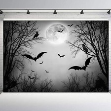 10x8ft Full Moon Dead Tree Spooky Bat Halloween Photo Background Studio Props