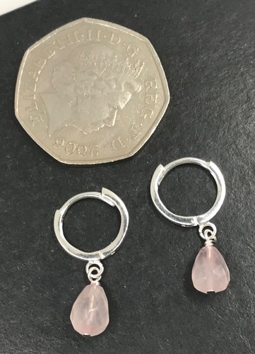 Small rose quartz pear earrings solid Sterling Silver huggie 12mm hoop, 25mm - Picture 7 of 8