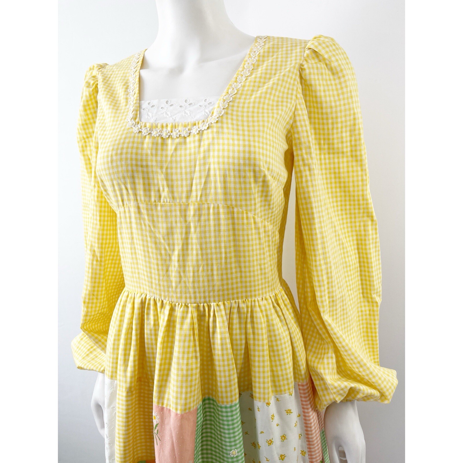 Handmade Yellow Gingham Patchwork Peasant Maxi Dr… - image 4