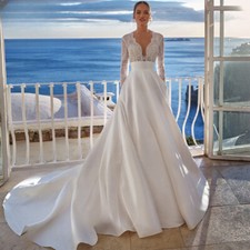 Simple V Neck A-Line Satin Wedding Dresses Lace Applique Long Sleeve Bridal Gown