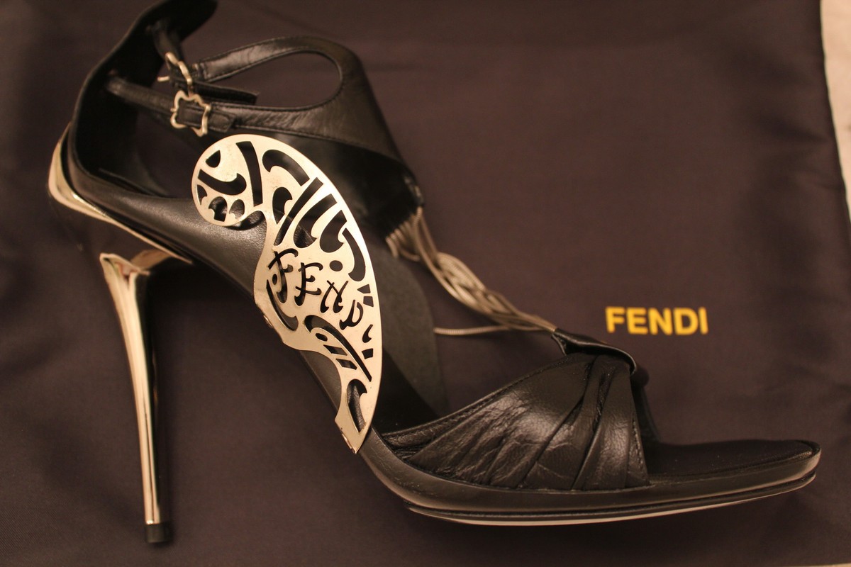 NWOB Authentic FENDI Leather Metal Runway Art Deco Sandals Black
