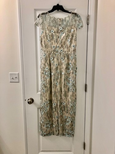 Alex Evenings aqua floral sequined long gown, sz 10 with alterations, back slit - Picture 2 of 5