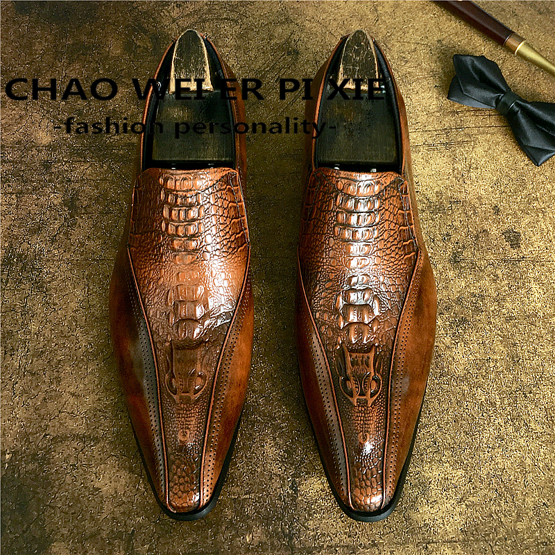 SAOLA Scarpe uomo a punta inglesi vera pelle eleganti formali casual stampa coccodrillo