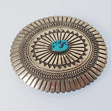 Native American NA Belt Buckle Oval  Sterling Turquoise Stamp-work 3 1/8 x 2 3/4