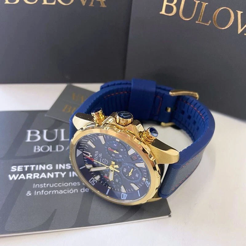 Bulova relógio masculino Marine Star 97B168 mostrador azul/ouro detalhes quartzo silicone 43mm - Imagem 4 de 4