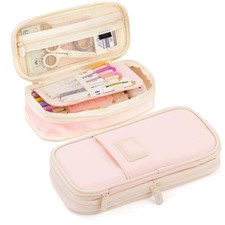 Large Zippered Pencil Box, Student Travel Stationery Cosmetic Pouch, Pink